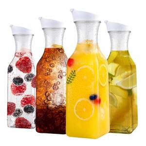 lot 1061 image: Set of 4 Plastic Carafe with Lid, 50 Oz Carafes for Mimosa Bar, Square Base Juice Containers, Water Bottle, Milk Container, Clear Beverage Containers for Fridge- HAND WASH ONLY