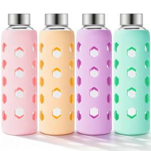 lot 1064 image: Mrsdry Glass Juice Bottles with Lids and Silicone Sleeves 18 oz, 4-Pack Reusable Clear Glass Water Bottles with Stainless Steel Airtight Cap for Juicing, Refrigerator, BPA Free Leak-Proof Drinking Jar