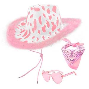 lot 2029 image: JIANGLAI Cow Print Cowboy Hat with Feathers with Heart Sunglasses and Bandana for Women Men Western Party, Cowgirl Costume Accessory (Pink & White)