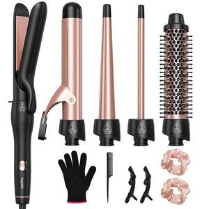 lot 2052 image: Lopeie 5 in 1 Curling Iron with Thermal Brush and 4 Interchangeable Ceramic Barrels(12 to 1 12 inch), Curling Wand Set with Flat Iron, Fast Heating, Dual Voltage Hair Curler, Gifts for Women factory sealed