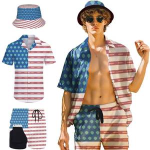 lot 2053 image: Nhjk American Flag Mens Hawaiian Shirt And Short Set Matching Sets Beach Casual Rave Outfit Clothes For Vacation Party With Bucket Hats Large