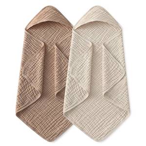lot 2058 image: Yoofoss Hooded Baby Towels for Newborn 2 Pack 100% Muslin Organic Cotton Baby Bath Towel with Hood for Babies, Infant, Toddler and Kids, 32x32Inch, Soft and Absorbent Newborn Essential, Beige&Coffee