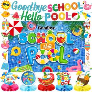 lot 2060 image: Pool Party Decorations Set, NO-DIY Glittery Goodbye School Hello Pool Banner Backdrop Last Day of School Decorations Hanging Swirls Schools Out for Summer Decorations Honeycomb Centerpieces