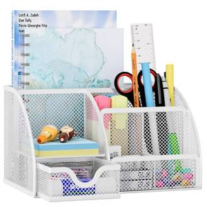 lot 2070 image: EasyPAG Mesh Desk Organizer with Drawer Multi-functional Pen Holder Stationery Organizer for Office School Supplies 6 Compartments Dorm Organizers and Storage for Desk, White