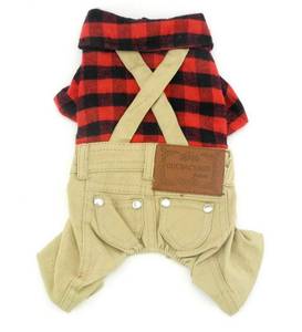lot 2097 image: SMALLLEE_LUCKY_STORE Pet Clothes for Small Dog Cat Red Plaid Shirts Sweater with Khaki Overalls Pants Jumpsuit Outfits XL