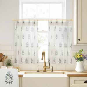 lot 2135 image: Cafe Curtains for Kitchen,Pinch Pleated Small Window Curtains Over Sink,Farmhouse Linen Sheer Blue and Green Floral Vintage Block Print 24 Inch Length Half Curtains Sets for Windows