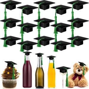 lot 2146 image: Qunclay 30 Pieces Mini Graduation Cap Plastic Grad Cake Wine Bottle Cover Toppers for Graduation Party Decorations (Black,Green)