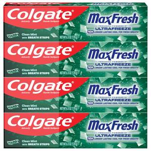 lot 4013 image: Colgate MaxFresh Clean Mint Toothpaste Pack, Fresh Breath Toothpaste with Fluoride and Hundreds of Mini Breath Strips, Leaves Mouth Feeling Refreshed for Hours, 4 Pack, 6.3 oz
