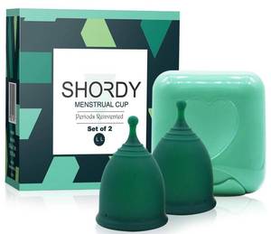 lot 4016 image: SHORDY Reusable Menstrual Cups (Large) Set of 2 with Mini Box, Medical Grade Silicone, Coupe Menstruelle, Safe Period Cup, Heavy Flow Kit, Feminine Hygiene, Tampons, Pads & Disc Alternative (Green)