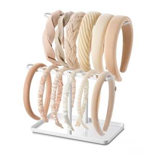 lot 4465 image: Josmimic Headband Holder Organizer, 2-Tier T-bar Storage Stand with Tray for Hair Accessories Hairband Hair Clip, for Girls Women, White