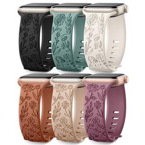 lot 4487 image: 6 Pack Floral Engraved Bands Compatible with Apple Watch Bands 44mm for Women 40mm 41mm 45mm 49mm, Adjustable Comfortable Soft Silicone for iWatch Bands 38mm Womens Series