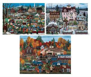 lot 5373 image: Bits and Pieces 3 Jigsaw Puzzle Set - 300 Piece Puzzles for Adults - Colorful Seasons Set - 18 x 24 Jigsaw Puzzles - Vintage Cityscape - Random Die Cut Pieces No 2 are Alike
