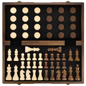 lot 5382 image: AMEROUS Magnetic Wooden Chess and Checkers Game Set, 15 Inches (2 in 1) Chess Board Games, 2 Extra Queens - Gift Package - Game Pieces Storage Slots, Beginner Chess Set for Kids, Adults