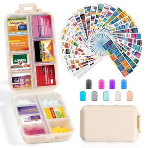 lot 6003 image: 14 Grids Travel Pill Organizer Box with 415-Pcs Medicine Name Labels - Pocket Daily Pharmacy Case Container Kit - Travel Medication Holder Dispenser for Fish Oil Vitamin Supplement Storage - Khaki