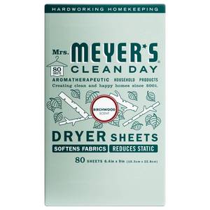 lot 6004 image: MRS. MEYERS CLEAN DAY Dryer Sheets, Fabric Softener, Reduces Static, Infused with Essential Oils, Birchwood, 80 Count box opened