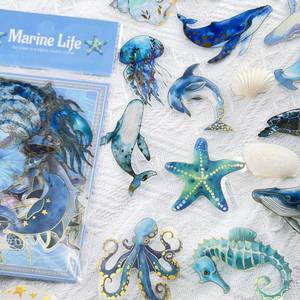 lot 6021 image: Cute Marine Life Gold-Embossed Waterproof Stickers for Water Bottle, 50PCS Cool Marine Creatures Transparent Stickers Pack for Laptop, Scrapbook, Ocean Animal Blue Golden Decals Gift