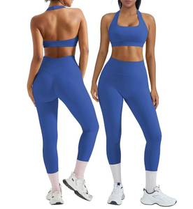 lot 6024 image: OMKAGI 2 Piece Workout Sets for Women Halter Sports Bras Gym Sets Booty Leggings Outfits (S,447-Blue) size S