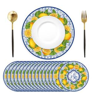 lot 6029 image: 50 Pack Lemon Paper Placemats Disposable 50 Pack 13.7 Inch Cyan Blue Tiles Lemon Fruit Round Place Mats Summer Table Mats for Kitchen Dining Party Decoration