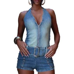 lot 6061 image: Mandonce Denim Romper for Women Off the Shoulder Halter V Neck Distressed Stretchy Jean Shorts Bodycon Jumpsuit with Belt Blue size M
