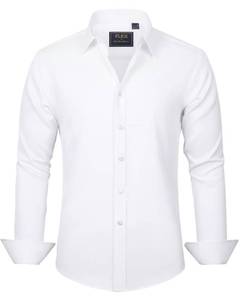 lot 6068 image: J.VER Mens Dress Shirts Solid Long Sleeve Stretch Wrinkle-Free Formal Shirt Business Casual Button Down Shirts White Medium