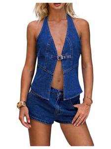 lot 6081 image: Milumia Womens 2 Piece Denim Outfits Sexy Deep V Neck Halter Vest Top and Jean Shorts Sets Blue Medium