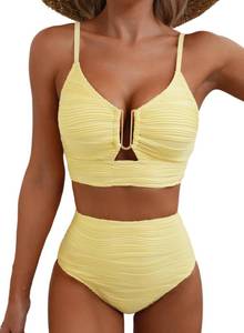 lot 6084 image: Herseas Women Bikini Sets 2 Piece 2026 Summer Vacation Essentials Cutout Textured Bathing Suit Push Up Supportive Swimsuit V Neck Cute Swimwear Yellow Cream XX-Large