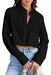lot 6087 image: INFITTY Button Down Shirts for Women Long Sleeve Casual Crop Tops Solid Lapel Blouse Shirt with Pocket Black S