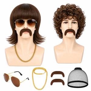lot 6096 image: JATEBI 2 Set 70s 80s Disco Rock Wigs Accessories for Men, Brown Short Afro Short Curly Wig and Mullet Wig Retro 70s 80s Disco Rocker Costume Party Outfit for Men