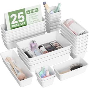 lot 6478 image: BiuLeon 25 PCS Plastic Drawer Organizers Set, 4-Sizes Vanity and Makeup Organizer, Desk and bathroom Drawer Organizer Trays, Organizers and Storage for Makeup, Jewelry, Gadgets, Utensils (White)