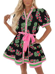 lot 6482 image: Wenrine Womens Summer Floral Mini Dress Puff Short Sleeve V Neck Boho Dress size M