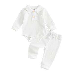 lot 6493 image: Eurvoku Newborn Baby Boy Clothes Solid Waffle Knit Long Sleeve Button Up Collared Romper Long Pants Set Fall Winter Outfits (A-White, 0-3 Months)