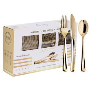 lot 11450 image: N9R 300PCS Gold Plastic Silverware, Heavy Duty Gold Plastic Cutlery Set Disposable Flatware Dinnerware, 100 Forks, 100 Spoons, 100 Knives, Perfect for Party, Wedding and Daily Use