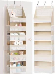lot 11452 image: Criusia Over the Door Organizer, 6-Shelf Closet Hanging Storage with 13 Mesh Pockets, 55lbs Capacity Behind the Door Storage for Baby Nursery, Bathroom, Bedroom, and Dorm, Beige