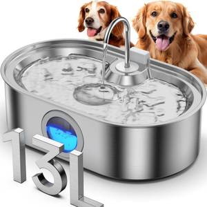 lot 11459 image: 3.4Gal Dog Water Fountain for Large Dogs, 13L Stainless Steel Large Pet Fountain with Deeper & Wider Drinking Area, Automatic Dog Water Bowl Dispenser with Water Window (Slight Use)