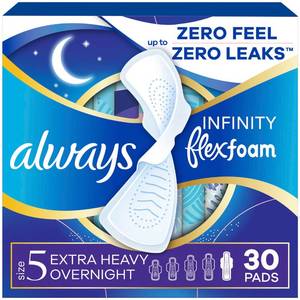 lot 11492 image: Always Infinity Feminine Pads for Women, Flexfoam Pads with Wings, Size 5, Extra Heavy Overnight Absorbency, Unscented, 30 Count