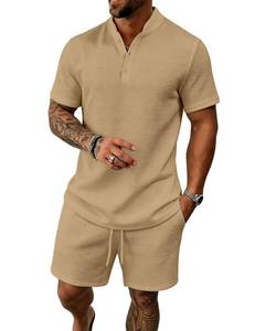 lot 11513 image: Bealin Mens Short Sets 2 Piece Summer Beach Outfits Short Sleeve Henley Shirts and Shorts Vacation Texture Set Khaki 2XL