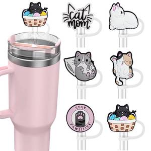 lot 12198 image: 6PCS Straw Covers for Stanley Cup Tumbler 30 oz  40 oz Leak Proof Straw Toppers 10mm Silicone Cute Caps for Stanley Cup Accessories-Cute Cat