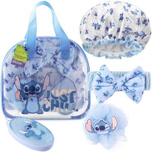 lot 12205 image: Disney Stitch Shower Accessories Set and Clear Toiletry Bag with Shower Cap Headband Bath Sponge for Bath Spa, Gifts for Girls, Teens, Women (Blue Stitch) (Only Luffa And Scrub Brush)