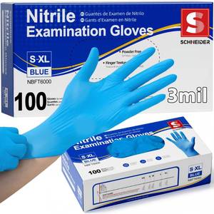 lot 12212 image: Schneider Medical Nitrile Exam Gloves, Powder-Free, Latex-Free, Non-Sterile Disposable Gloves for Medical Use, Cleaning and Food Prep, Blue, 100 Count, Small