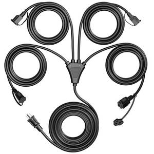 lot 12214 image: Eversimpleinc Black 1 to 4 Splitter Extension Cord (Combined 31 FT, End to End 13 FT), 3 Prong Plug with 4 Extended Outlets, with Weatherproof Covers for Indoor and Outdoor