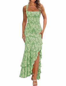 lot 12237 image: BORIFLORS Womens Elegant Ruched Floral Maxi Dress Mesh Mermaid Ruffle Wedding Guest Cocktail Long Formal Dresses, Medium, Sage Green