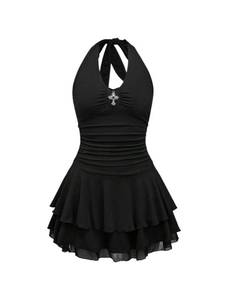 lot 12247 image: Milumia Womens Punk Tie Backless Halter Dress Y2k Ruched Layered Ruffle Hem Mini Dresses Black Large