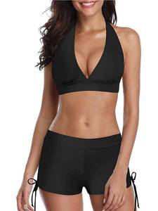 lot 12251 image: Century Star Women Push Up Athletic Two Piece Bikini Set Deep V Neck Halter Back with Boyshort Swimsuit Vintage Bathsuit Z Black 6-8 (Size Medium)