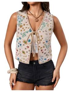 lot 12260 image: SweatyRocks Womens Floral Embroidered Tie Front Crop Vest Tops Boho Country Concert Cowgirl Western Outfits Apricot Medium
