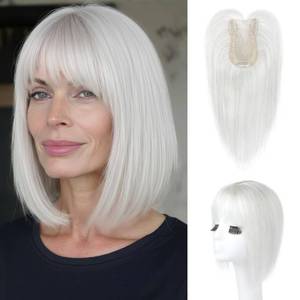 lot 12271 image: HOOJIH Hair Topper for Women with Thinning Hair 4x2.5inch Base Real Human Hair Topper with Bangs Handmade Invisiable Lace Front Topper - Icy Platinum Blonde