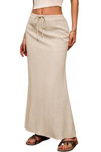 lot 12272 image: ELLEVEN Linen Maxi Long Flowy Skirt for Women Trendy Summer with Slit Elastic Waist Drawstring Casual Beach Holiday Low Rise Cotton Sexy Curvy Boho Mermaid Skirts Floor Ankle Length Beige Large
