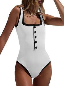 lot 12275 image: Saodimallsu Women One Piece Swimsuit Vintage Ribbed Slimming High Cut Color Block Button Square Neck Bathing Suit (Size Medium)