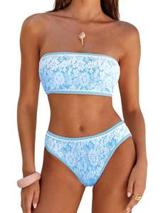 lot 12276 image: ZAFUL Bikini Set for Women Strapless Textured Bandeau Bikini Two Piece Swimsuit Lace up Bathing Suits(0-Blue,XL) (Slight Use)