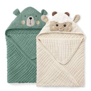 lot 12279 image: Blissful Diary Muslin Baby Hooded Towel 2 Pack, Soft & Absorbent Bath Towel for Infant, Toddler, Unisex, Baby Gift, Newborn Essentials, Bear & Lamb