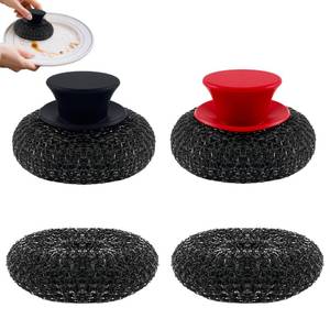 lot 12298 image: Frayot 2Pack Stainless Steel Wool Scrubber with Rubber Handle & 2 Pads for Cleaning Dishes, Kitchen Pots, Pans, Grills (RedBlack)